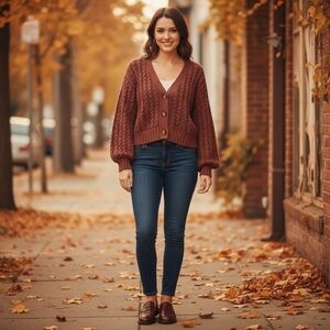 John + Jenn Brown Oversized Cropped Knit Chunky Cardigan Size Medium